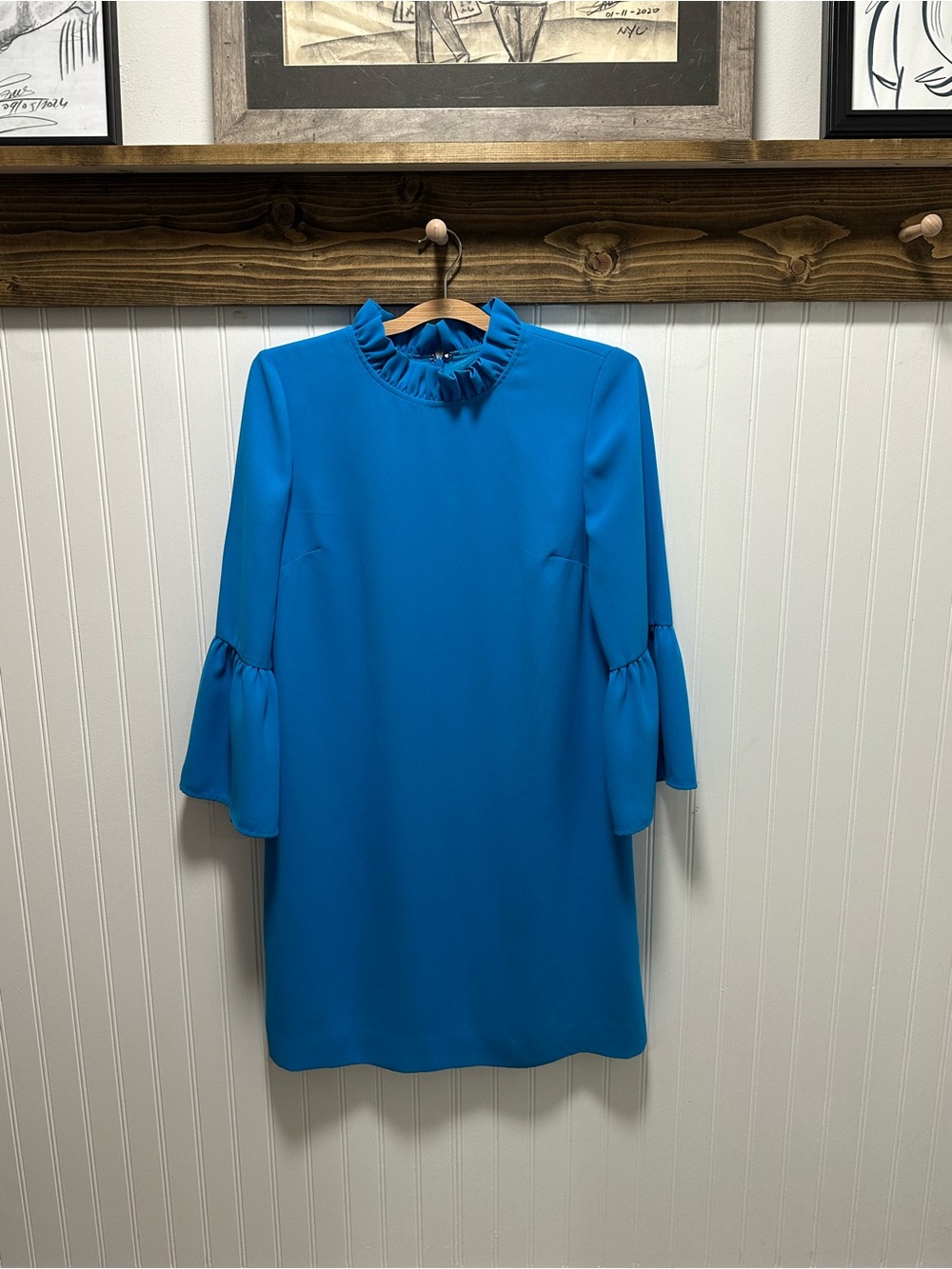 J. Crew Bright Blue Ruffle-Neck Bell Sleeve Midi Shift Dress Sz 8 VGUC
